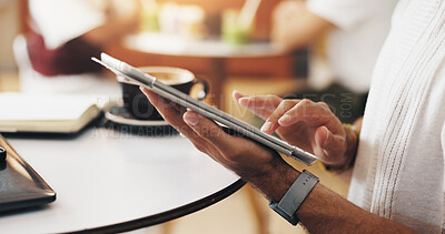 Buy stock photo Coffee shop, scroll and hands of person on tablet for research, website and social networking. Cafe, restaurant  and worker on digital tech for planning, typing review and connection for remote work