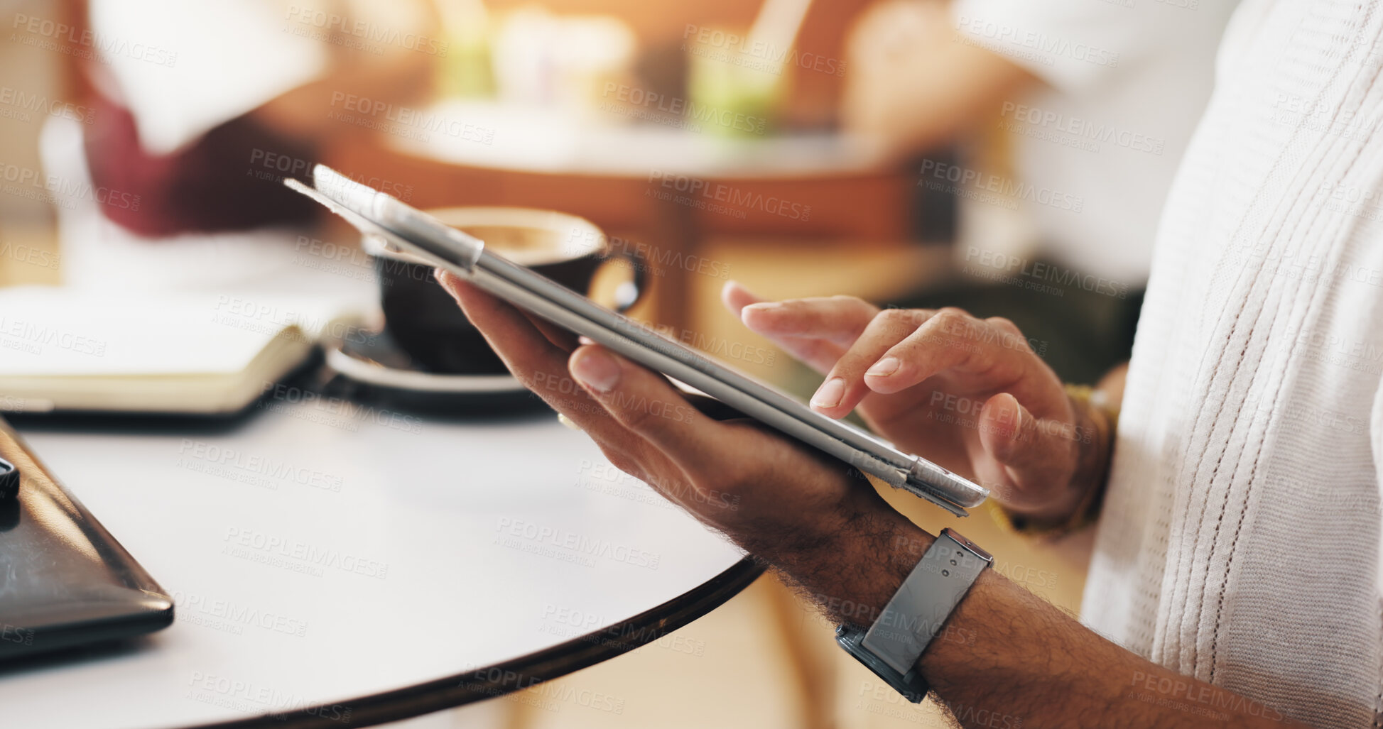 Buy stock photo Coffee shop, scroll and hands of person on tablet for research, website and social networking. Cafe, restaurant  and worker on digital tech for planning, typing review and connection for remote work