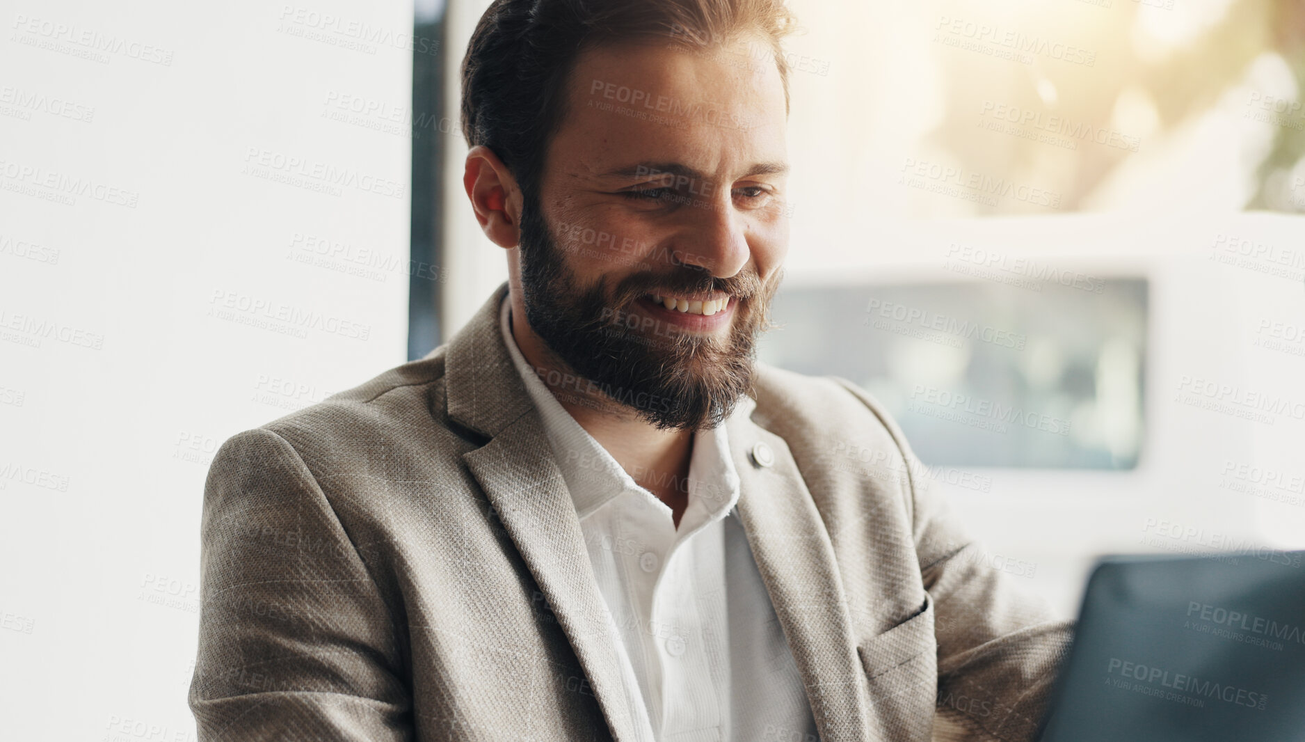 Buy stock photo Business, tablet and man in coffee shop, smile and app with confidence, copywriting and network. Person, consumer and employee in restaurant, writer and tech with research for article and connection