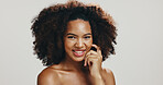 Portrait, afro or African woman with smile for hair care, texture or glow for volume or natural shampoo. Happy, face or girl with beauty, studio or growth for cosmetics or results by white background