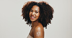 Body cream, portrait and African woman with skincare for beauty, confidence or treatment for glow or shine. Happy, studio and girl model with lotion for cosmetics or sunscreen by white background