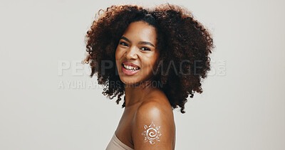 Buy stock photo Body cream, portrait and African woman with skincare for beauty, confidence or treatment for glow or shine. Happy, studio and girl model with lotion for cosmetics or sunscreen on white background