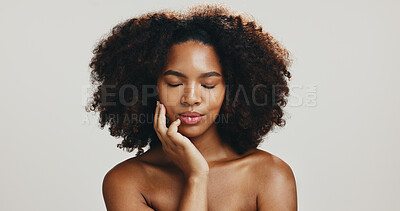 Buy stock photo Glow, skincare and beauty with face of woman in studio for spa treatment, self care and cosmetics. Aesthetic, collagen and dermatology with African person on white background for shine and salon