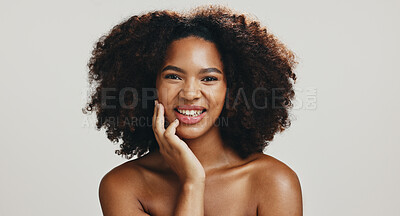 Buy stock photo Glow, skincare and beauty with portrait of woman in studio for spa treatment, self care or cosmetics. Aesthetic space, collagen and dermatology with African person on white background for salon shine