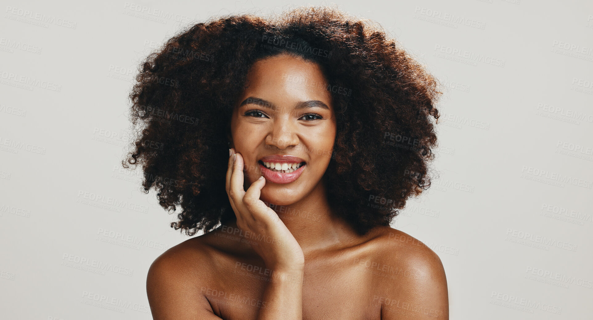 Buy stock photo Glow, skincare and beauty with portrait of woman in studio for spa treatment, self care or cosmetics. Aesthetic space, collagen and dermatology with African person on white background for salon shine