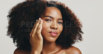 Buy stock photo Foundation, skincare and portrait of African woman in studio for makeup, cosmetics and facial treatment. Dermatology, face or model with beauty for health, glow or natural shine on white background