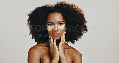 Buy stock photo Eye patches, beauty and portrait of woman in studio for wellness, anti aging or skincare. Dermatology, space and face of African person with pads for collagen, facial or cosmetics on white background
