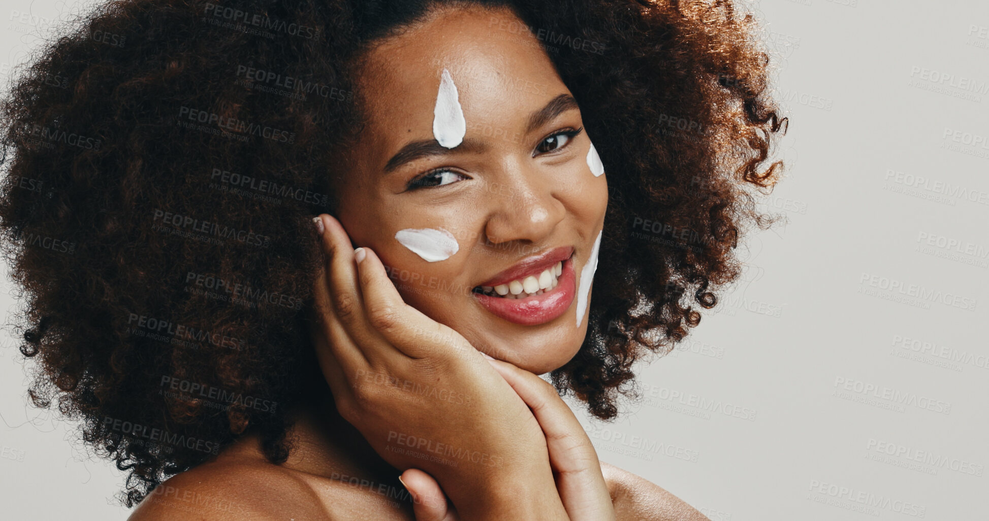 Buy stock photo Studio, face cream and portrait of African woman for skincare, beauty product and facial care with lotion. Dermatology, salon and person for wellness, cosmetics and skin hydration on white background