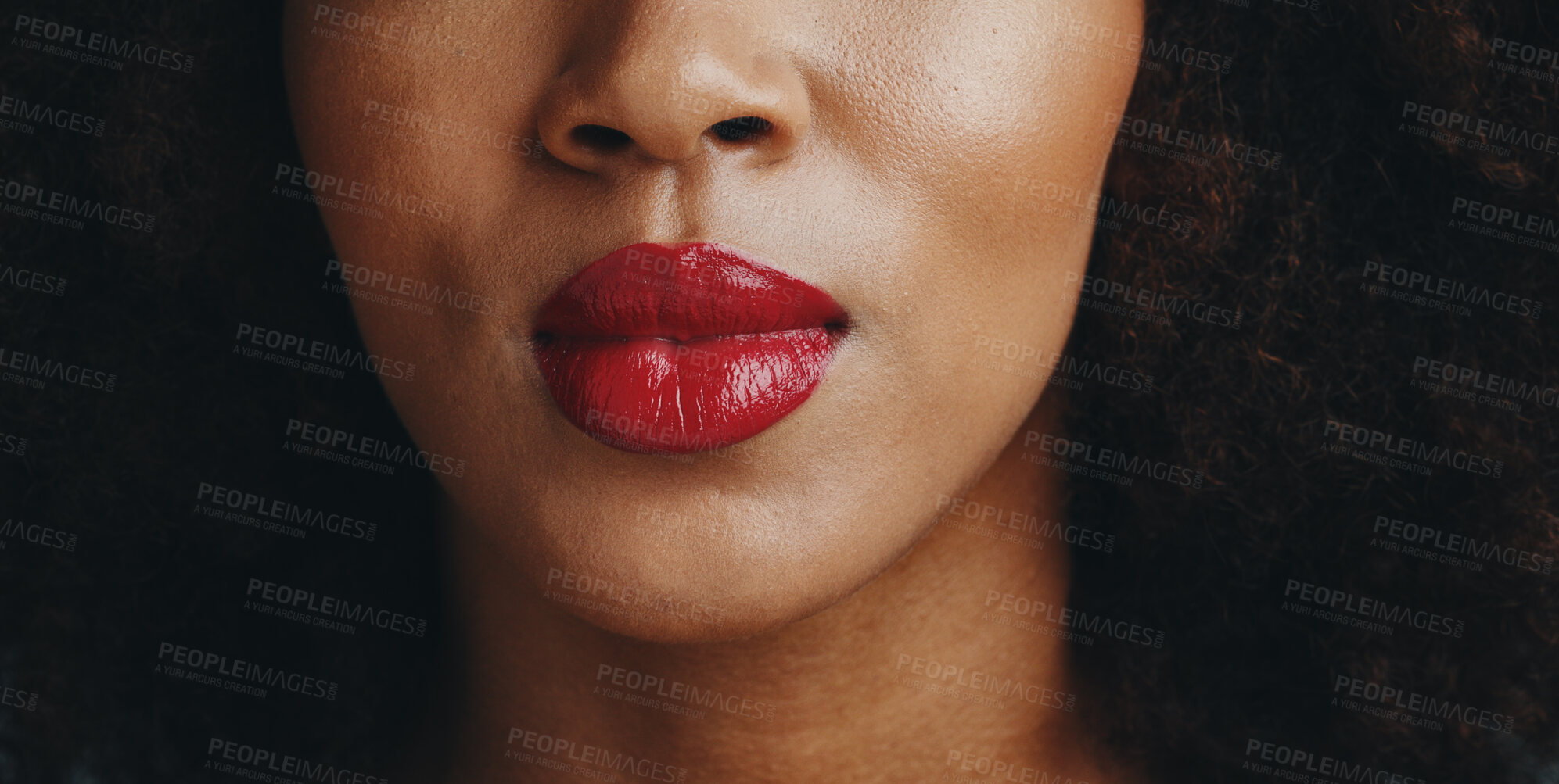 Buy stock photo Beauty, lipstick and lips of woman in studio for cosmetics, makeup and salon products. Spa aesthetic, cosmetology and face closeup of person with red color for glamour, wellness and luxury glow