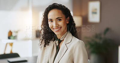 Buy stock photo Office, businesswoman and smile in portrait for law firm, professional case and lawyer for legal aid. Happy, female person and attorney with confidence for corporate job, court justice and about us