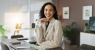 Buy stock photo Portrait, finance or confident businesswoman with smile for budget savings, news or research. Financial review, proud or happy investment banker in office for money management, taxes or profit growth