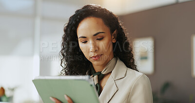 Buy stock photo Office, businesswoman and reading with tablet for lawyer, case research and law firm for legal aid. Career, female person and attorney with digital for corporate justice, review info and report