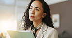 Office, businesswoman and thinking with tablet for lawyer, case research and law firm for legal aid. Career, female person and attorney with digital for corporate justice, review info or report ideas