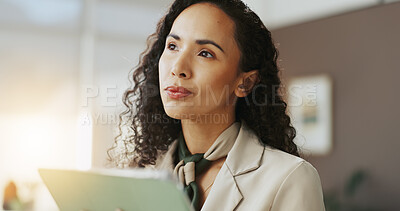 Buy stock photo Office, businesswoman and thinking with tablet for lawyer, case research and law firm for legal aid. Career, female person and attorney with digital for corporate justice, insight or ideas for report