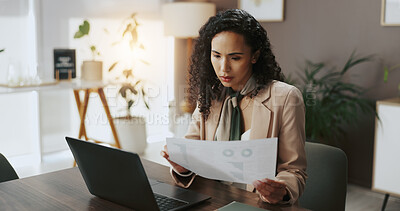 Buy stock photo Documents, finance or businesswoman with laptop for budget savings, banking system or research. Financial review, analyst or investment banker in office for revenue, taxes paperwork or profit growth