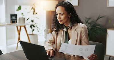 Buy stock photo Documents, analyst or businesswoman with laptop for budget savings, banking system or research. Financial review, finance or investment banker in office for revenue, taxes paperwork or profit growth