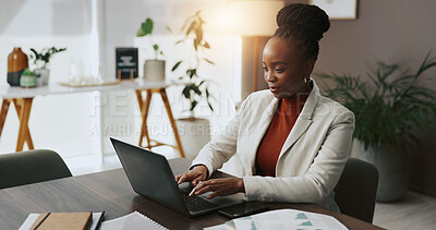 Buy stock photo Office, black woman and typing with laptop for research, investment report or budget information. Career, female person or financial advisor with tech for risk management, service or business project
