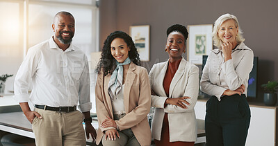 Buy stock photo Happy, office and portrait of business people for teamwork, collaboration and about us for company. Interior designers, professional and men and women with confidence, pride and smile for startup