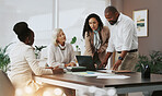 Laptop, talking and meeting with business people in office for strategy, teamwork and research. Company growth, market report and brainstorming with employees in agency for discussion and planning
