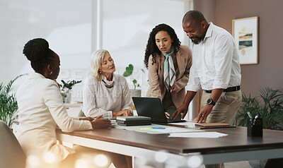 Buy stock photo Laptop, talking and meeting with business people in office for strategy, teamwork and research. Company growth, market report and brainstorming with employees in agency for discussion and planning