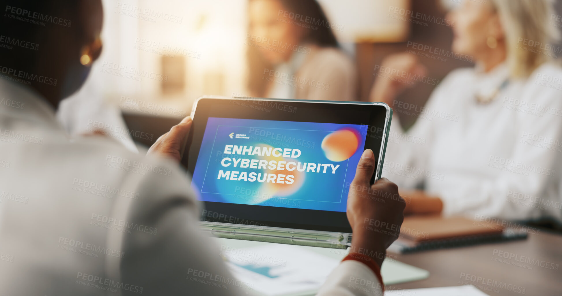 Buy stock photo Meeting, hands and person with tablet, office and discussion for enhanced cybersecurity measures or online. Screen, colleagues and conversation for threat intelligence in business, system and digital