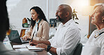 Business, people and listening in meeting with notes for budget review, financial insight and sales feedback. Finance, teamwork and employees with documents in office for project funding information
