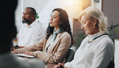 Buy stock photo Business, woman and listening in meeting with notes for budget planning, financial insight or b2b clients. Finance, collaboration or group with presentation in office for funding proposal or feedback