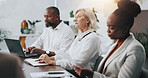 Business, people and listening with meeting in office for workflow, financial insight and proposal feedback. Finance, teamwork and employees with documents for budget presentation, planning or notes