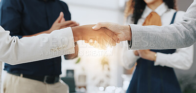 Buy stock photo Handshake, applause and hands of business people in office for teamwork, agreement and celebration. Corporate, professional and workers with gesture for collaboration, B2B networking and promotion
