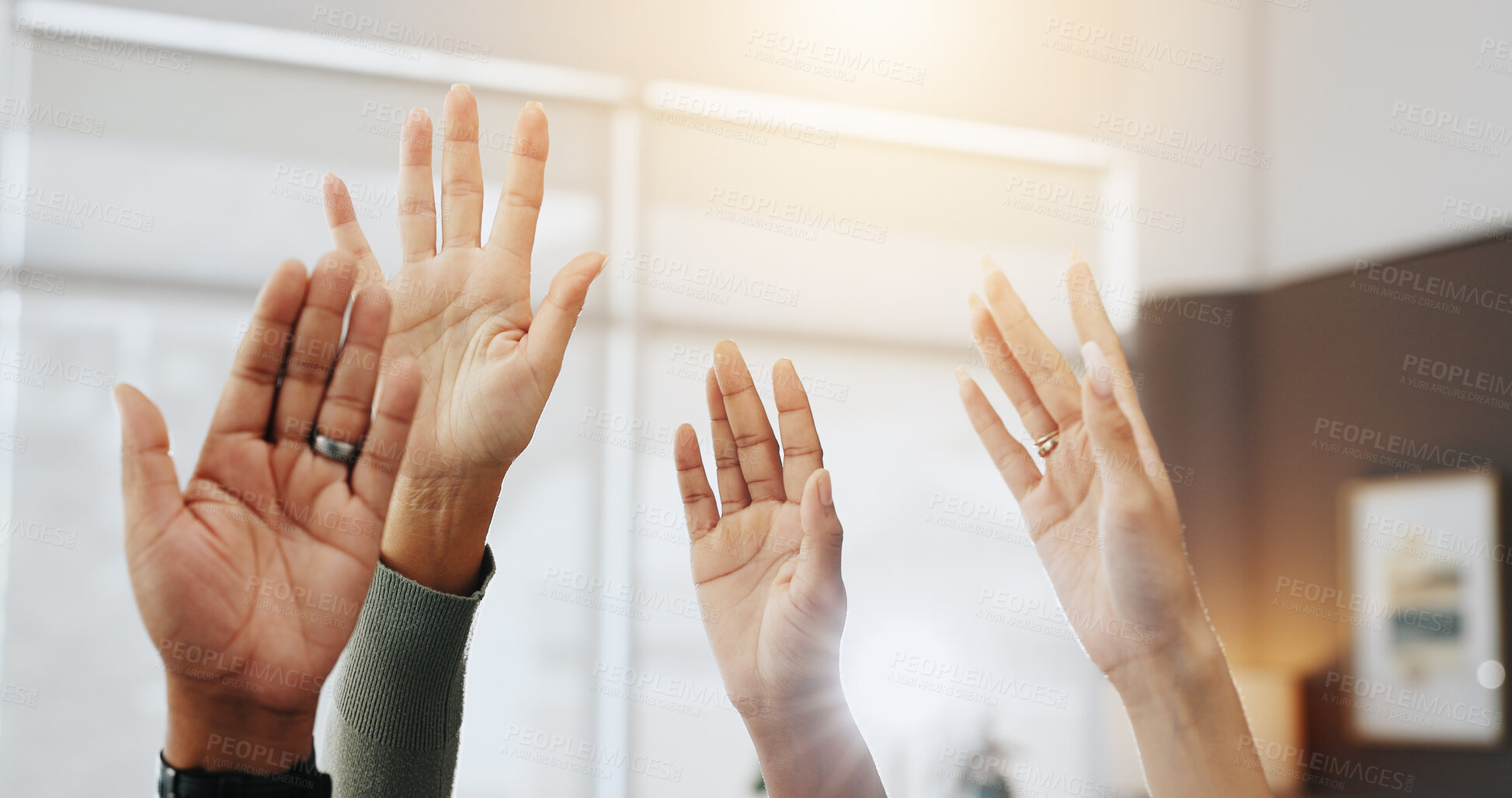 Buy stock photo Teamwork, hands raised and support with business people in office for workshop, solidarity and success. Achievement, trust and collaboration with group of employees for celebration and community