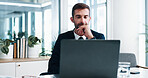 Business, decision and man in office, laptop and internet with connection, choice and wonder. Financial advisor, investor and employee in workplace, computer and ponder with email or online reading