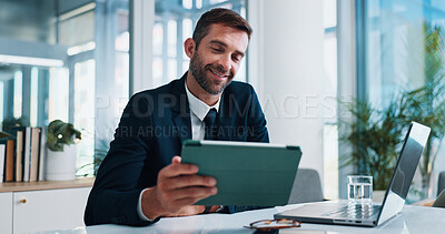 Buy stock photo Man, tablet and happy with laptop in office with stats, review and research with fintech application. Person, financial advisor or broker on touchscreen with investment, audit and revenue at agency