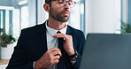 Business, thinking and man in office, laptop and internet with connection, decision and wonder. Financial advisor, investor and employee in workplace, computer and confidence with email and choice
