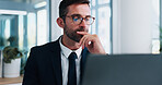 Business, thinking and man with solution, laptop and internet with decision, email and tax report. Financial advisor, investor and employee in workplace, computer and problem solving for inflation