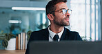 Businessman, office and thinking by computer, smile and decision for career, future and company growth. Person, happy and perspective with pc, research or excited for opportunity at investment agency