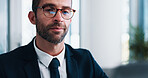 Business, man and reading on laptop in office of research, information and email feedback as accountant. Person, reflection and online of financial report, schedule update and audit budget of company