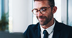 Corporate, man and reading on laptop in office of research, information or email feedback as accountant. Person, reflection and online of financial report, schedule update and audit budget of company