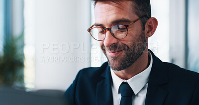 Buy stock photo Corporate, man and reading on laptop in office of research, information or email feedback as accountant. Person, reflection and online of financial report, schedule update and audit budget of company