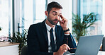 Businessman, headache and laptop with stress for mistake, corporate bankruptcy or debt at office. Man, employee or accountant with fail or migraine on computer for financial crisis or bad eye strain