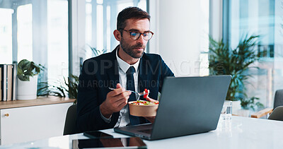 Buy stock photo Business, man and salad with laptop at desk for proposal deadline, reading finance news and working lunch. Financial analyst, employee and eating healthy food in office with market research or hungry