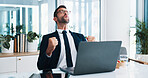 Happy, businessman and laptop with fist pump in celebration for good news or promotion at office. Excited man, accountant or investor with computer for winning, deal or financial profit on investment