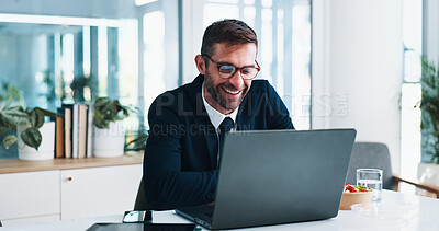 Buy stock photo Happy, businessman and laptop with break for lunch, online streaming or entertainment at office desk. Man, employee or smile with food, vegetables or healthy meal on computer for rest at workplace