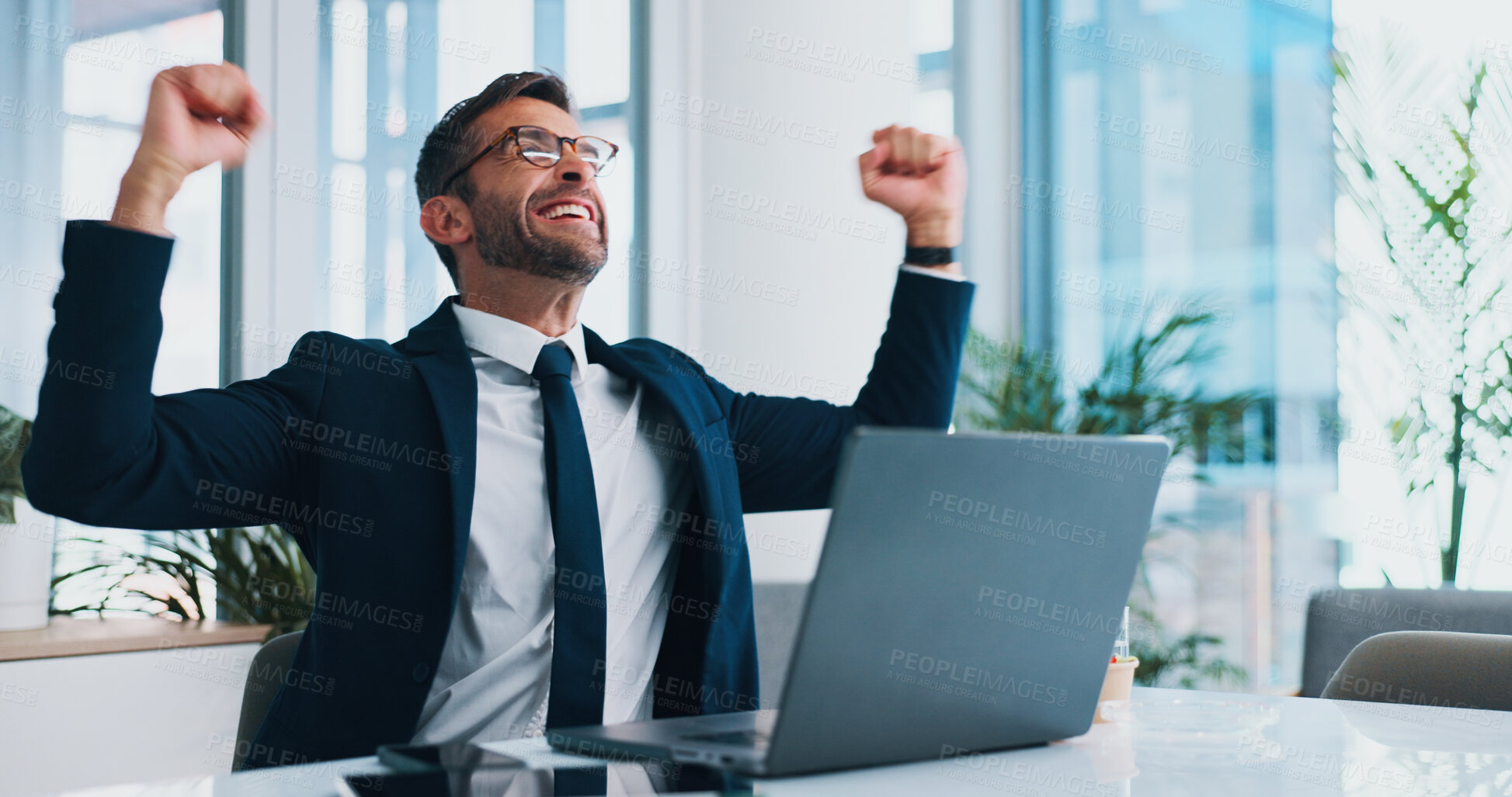 Buy stock photo Happy man, fist pump or winning with laptop in celebration for business success, promotion or good news. Excited businessman, employee or investment with smile on computer for offer or deal at office