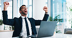 Excited, businessman and laptop with celebration for winning, good news or promotion at office. Happy man, accountant or investor with computer for deal or financial profit on investment at workplace