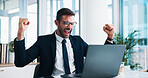 Excited, businessman and laptop with celebration for good news, promotion or winning at office. Happy man, accountant or investor with computer for deal or financial profit on investment at workplace