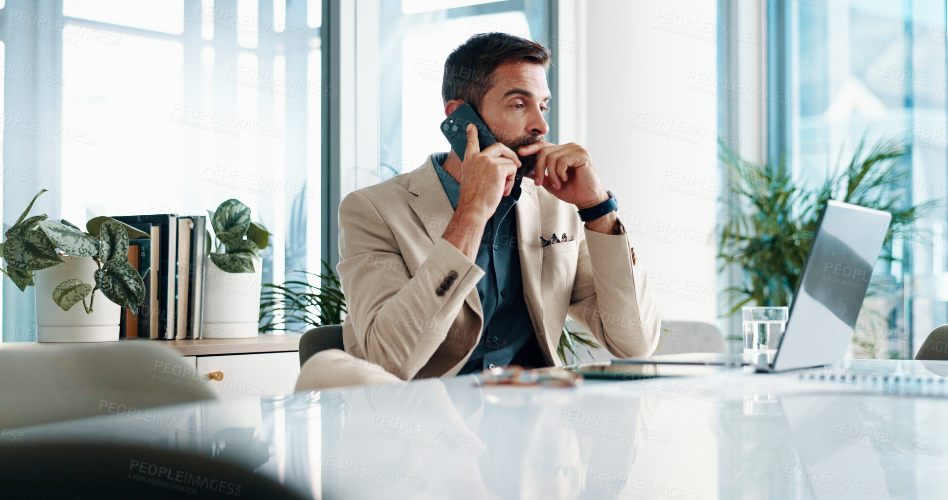 Buy stock photo Phone call, thinking and business man on laptop for contact, online discussion or communication with anxiety. Corporate, company consultant and person on computer with doubt for client solution