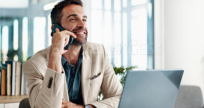 Buy stock photo Businessman, phone call and happy in office for advice, feedback or consultation for financial planning. Broker, laptop or contact in agency for budget review, research pitch or economy news update