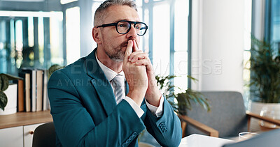 Buy stock photo Mature businessman, vision or thinking in office for problem solving, investment idea or opportunity. Reflection, corporate manager or financial decision, planning or mindset for professional insight