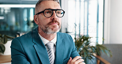 Buy stock photo Business, thinking and vision with mature man in office of corporate company for management. Decision, future and planning with professional employee in workplace for ideas, solution or strategy