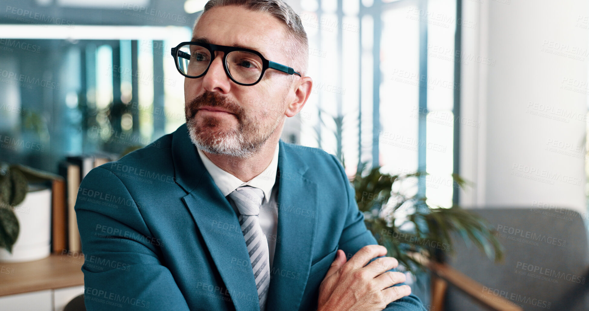 Buy stock photo Office, mature businessman and lawyer with thinking for legal aid, justice and planning for law firm. Career, male person and corporate attorney with thoughts for court case, inspiration and advocate